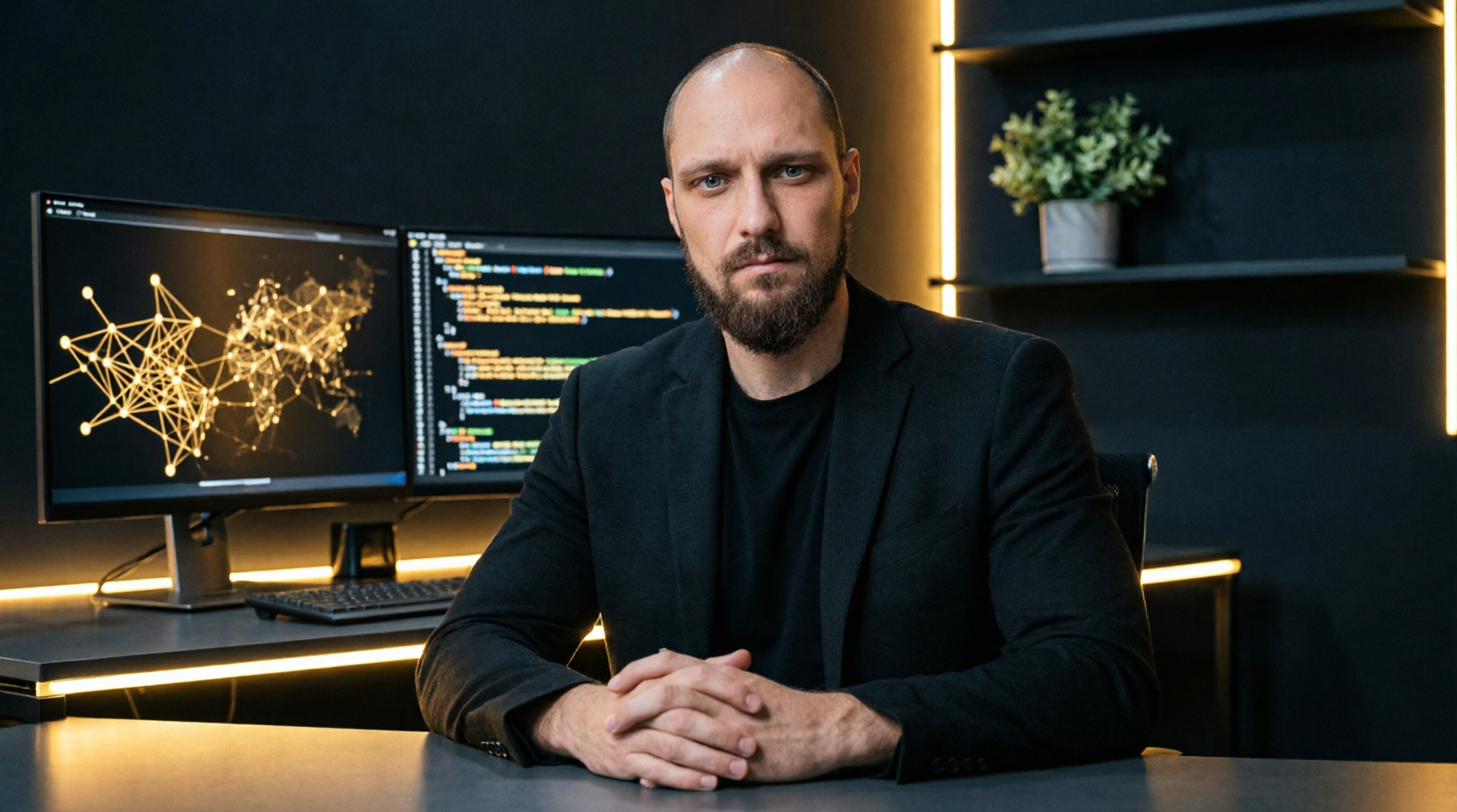 Patrick Hopf am Arbeitsplatz vor Monitoren mit goldenen KI-Netzwerk-Visualisierungen