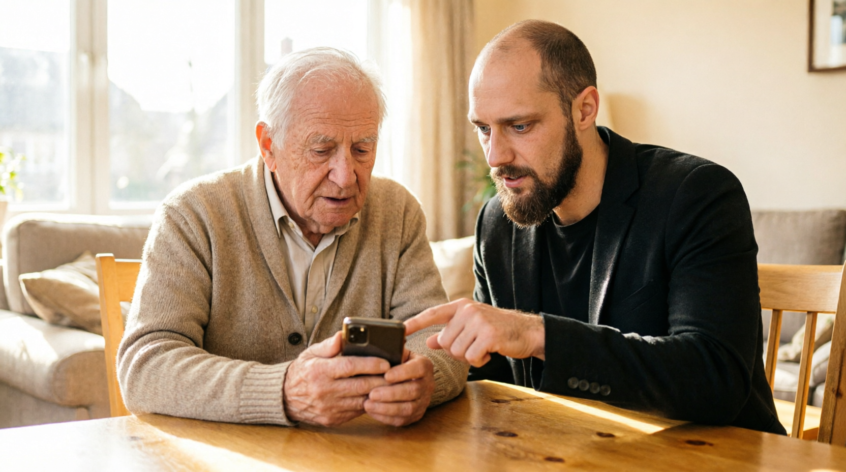Geduldige Technikhilfe: Berater erklärt einem Senior am Tisch Schritt für Schritt das Smartphone