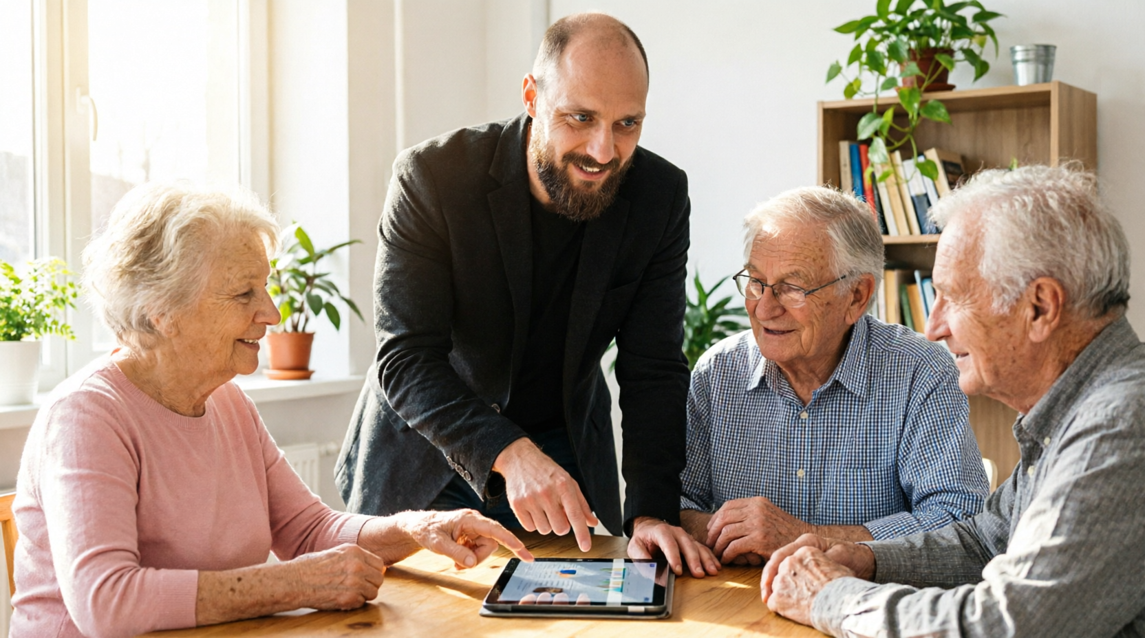 DigitalFit-Workshop: Berater erklärt einer Seniorengruppe geduldig die Nutzung eines Tablets